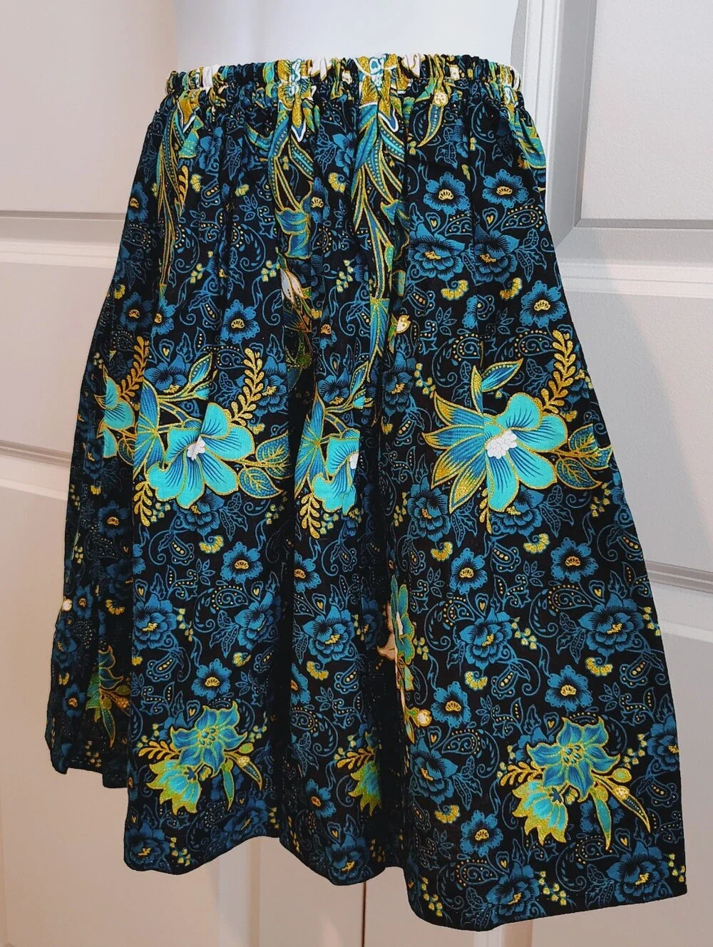Floral & Gold Glitter Midi Skirt (Cambodian Print)